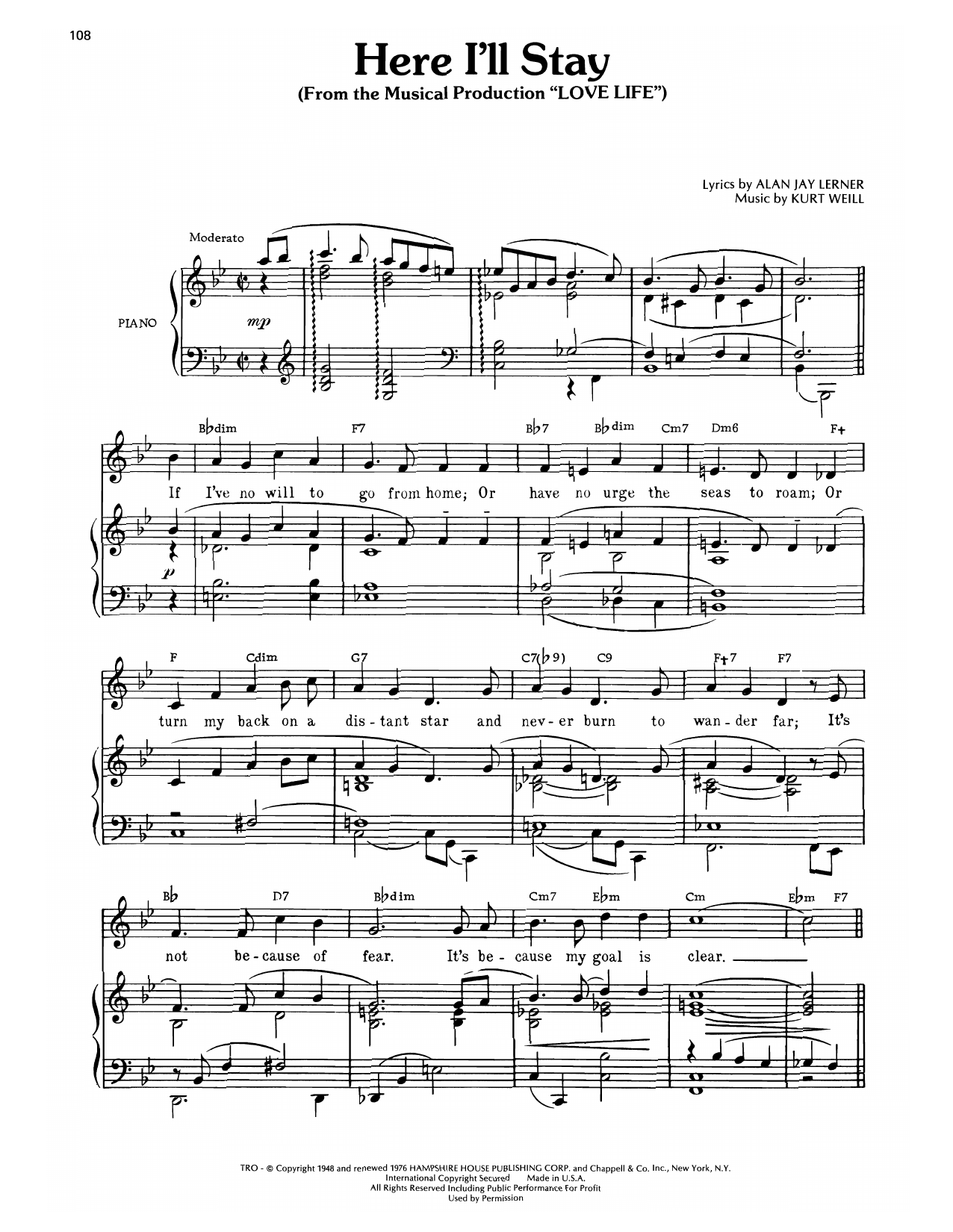 Kurt Weill Here I'll Stay (from Love Life) Sheet Music Notes & Chords for Piano, Vocal & Guitar Chords (Right-Hand Melody) - Download or Print PDF