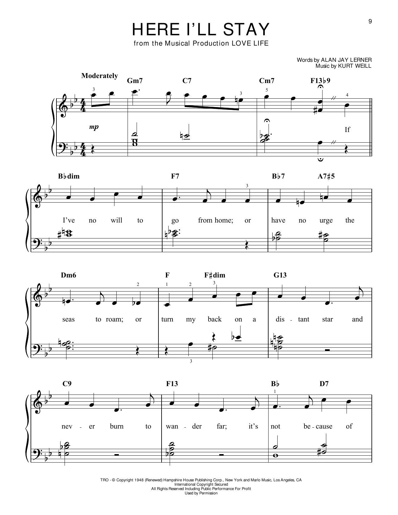 Kurt Weill Here I'll Stay Sheet Music Notes & Chords for Easy Piano - Download or Print PDF