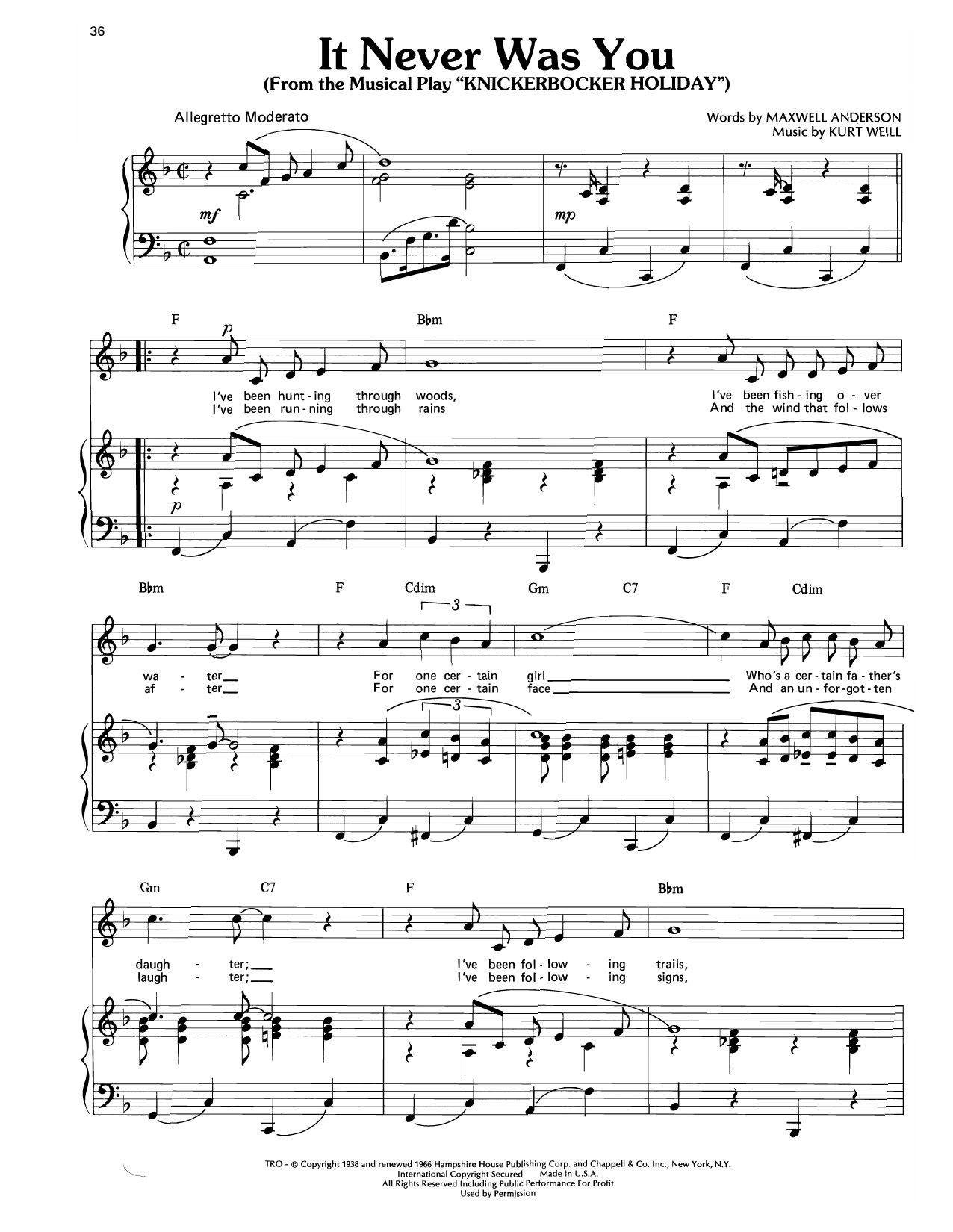 Kurt Weill It Never Was You (from Knickerbocker Holiday) Sheet Music Notes & Chords for Piano, Vocal & Guitar Chords (Right-Hand Melody) - Download or Print PDF