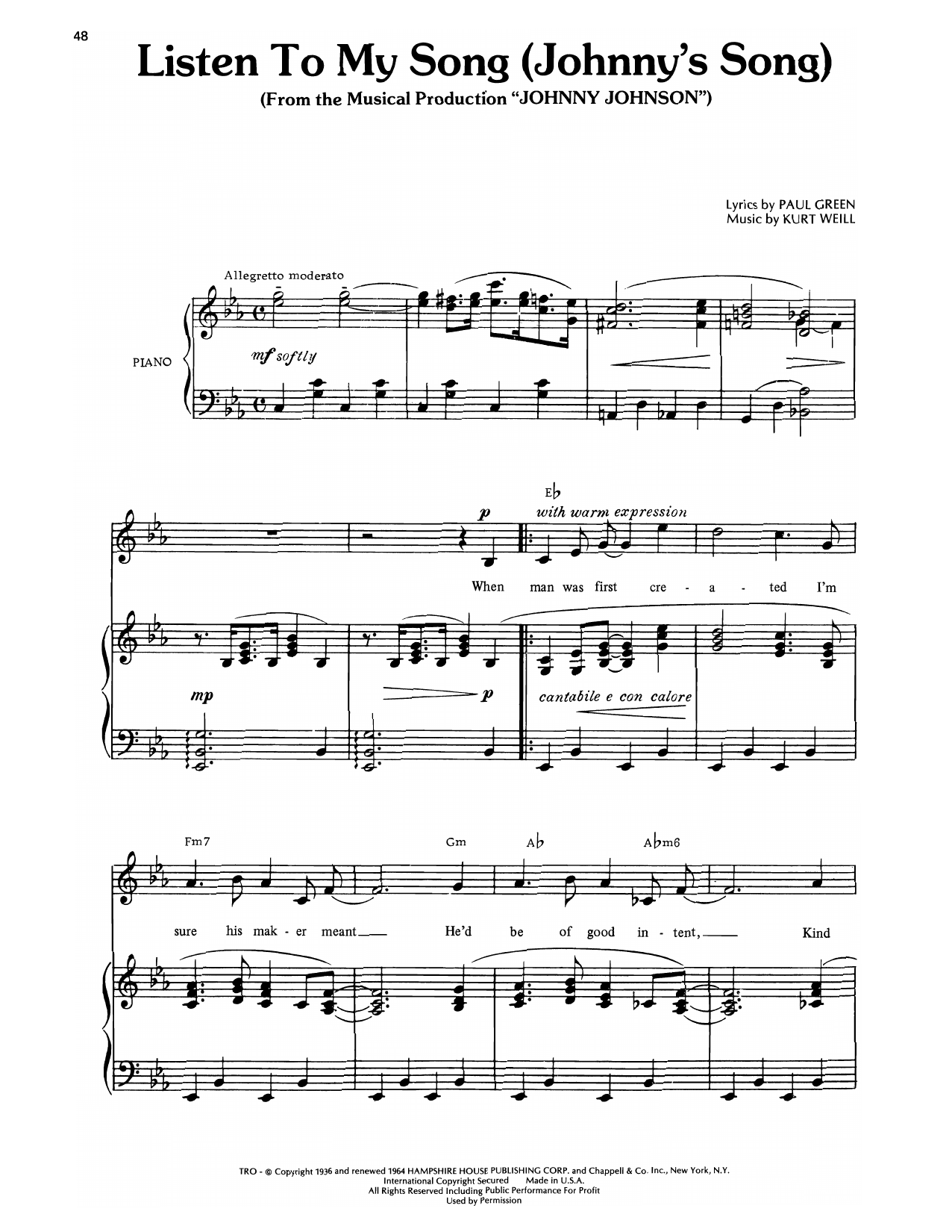 Kurt Weill Listen To My Song (from Johnny Johnson) Sheet Music Notes & Chords for Piano, Vocal & Guitar Chords (Right-Hand Melody) - Download or Print PDF
