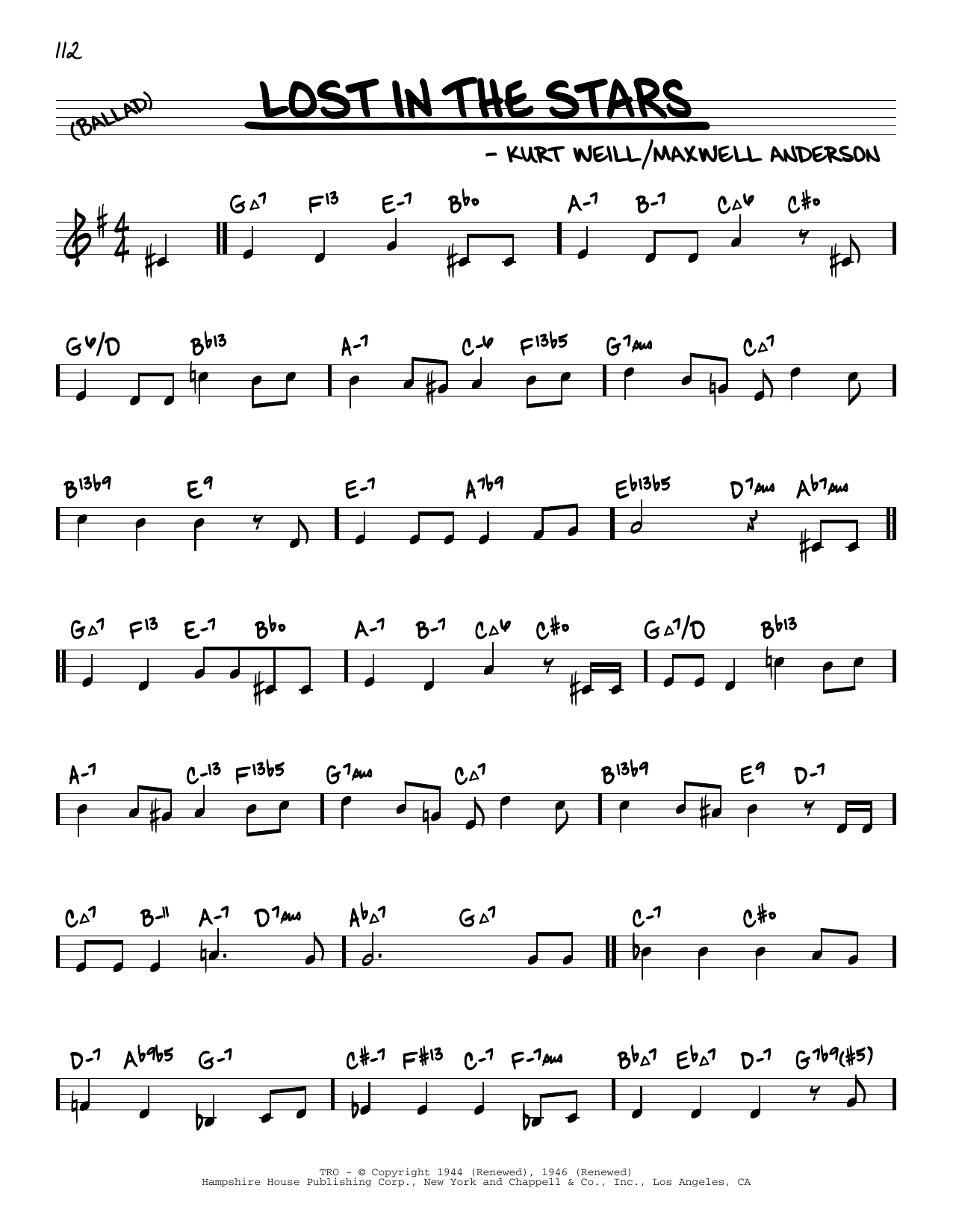 Kurt Weill Lost In The Stars (arr. David Hazeltine) Sheet Music Notes & Chords for Real Book – Enhanced Chords - Download or Print PDF