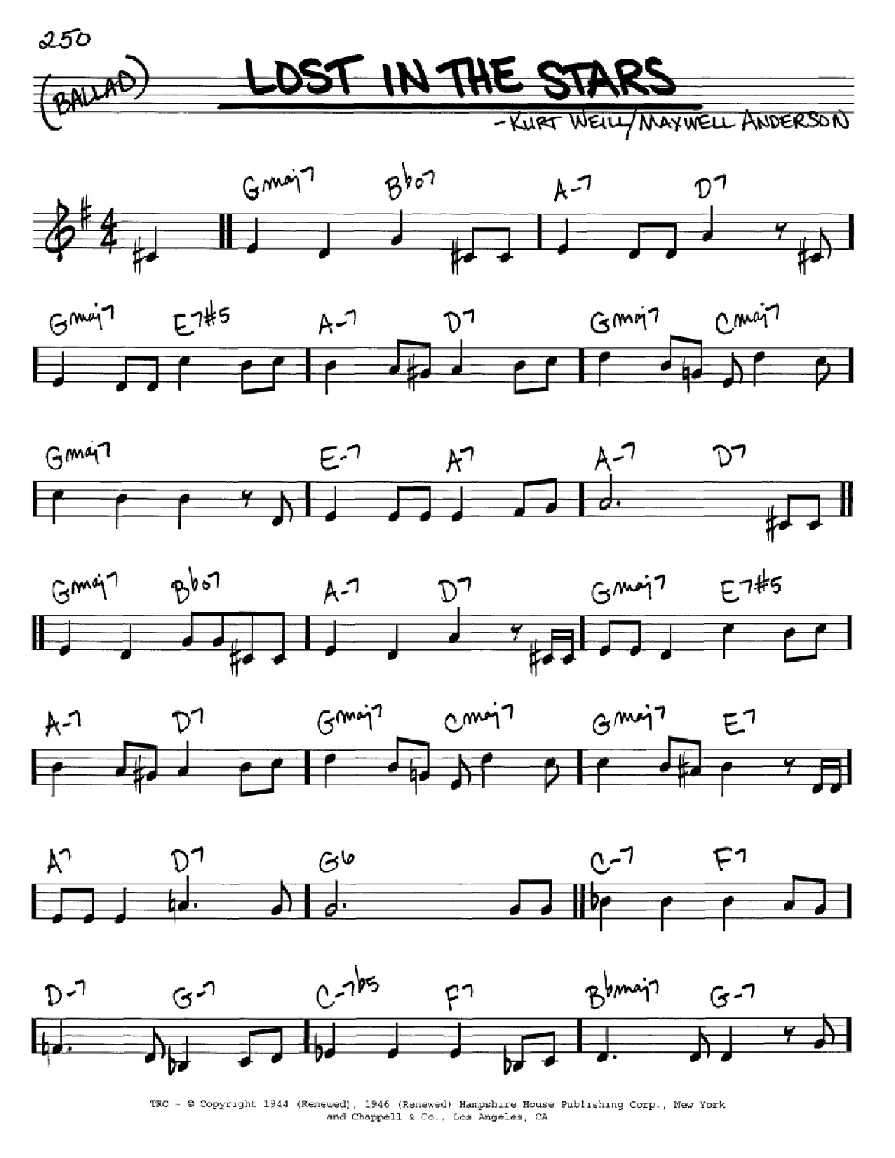 Kurt Weill Lost In The Stars Sheet Music Notes & Chords for Real Book - Melody, Lyrics & Chords - C Instruments - Download or Print PDF