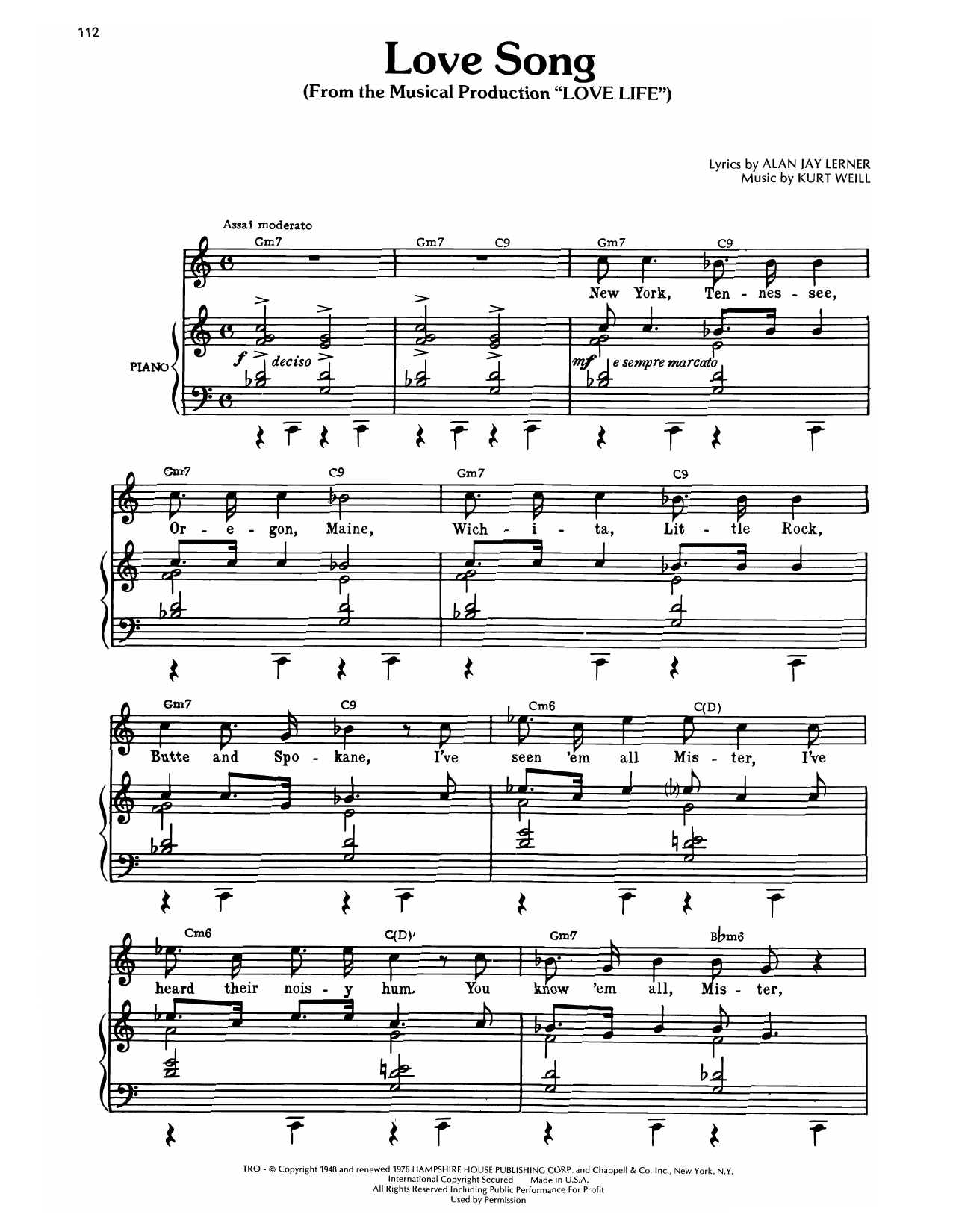 Kurt Weill Love Song, A (from Love Life) Sheet Music Notes & Chords for Piano, Vocal & Guitar Chords (Right-Hand Melody) - Download or Print PDF