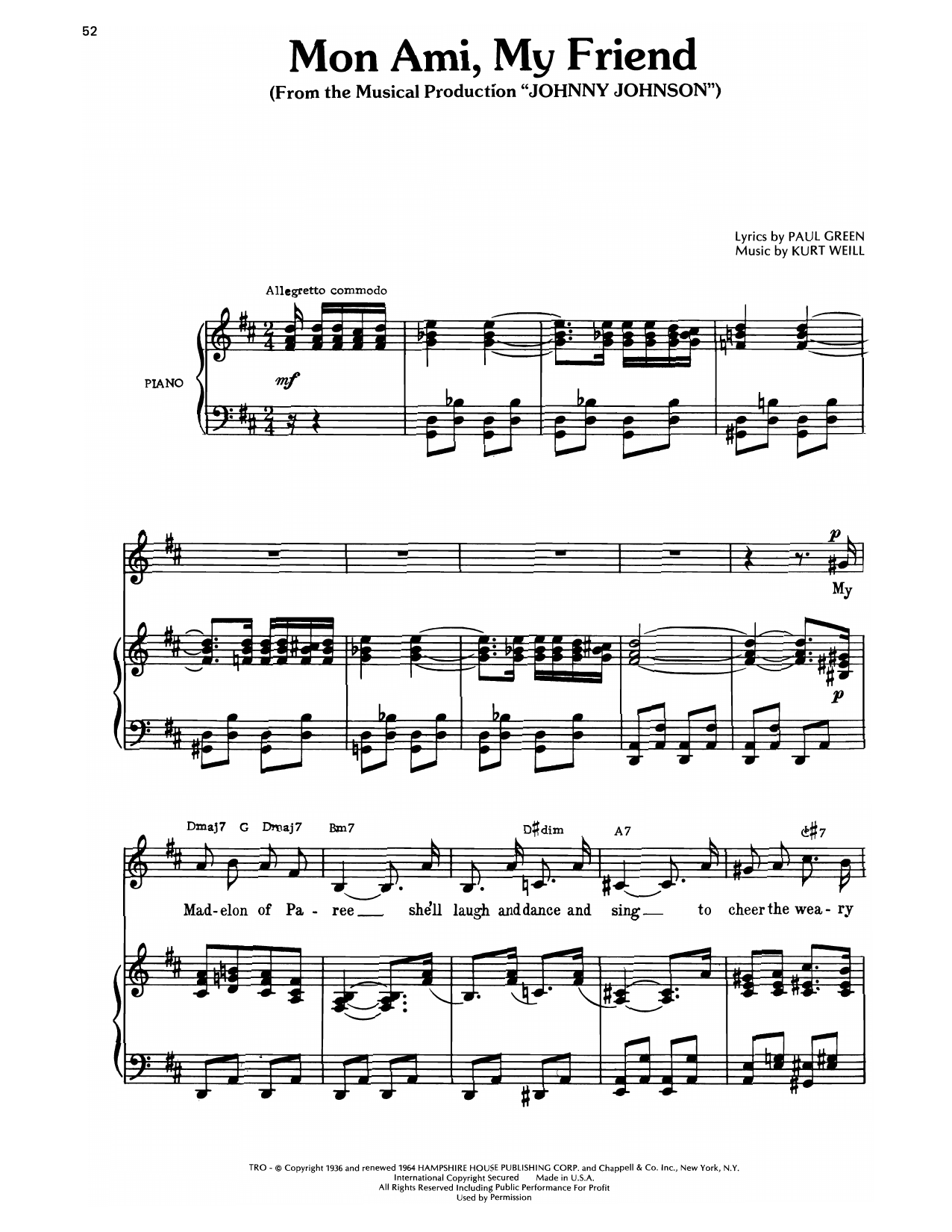 Kurt Weill Mon Ami, My Friend (from Johnny Johnson) Sheet Music Notes & Chords for Piano, Vocal & Guitar Chords (Right-Hand Melody) - Download or Print PDF