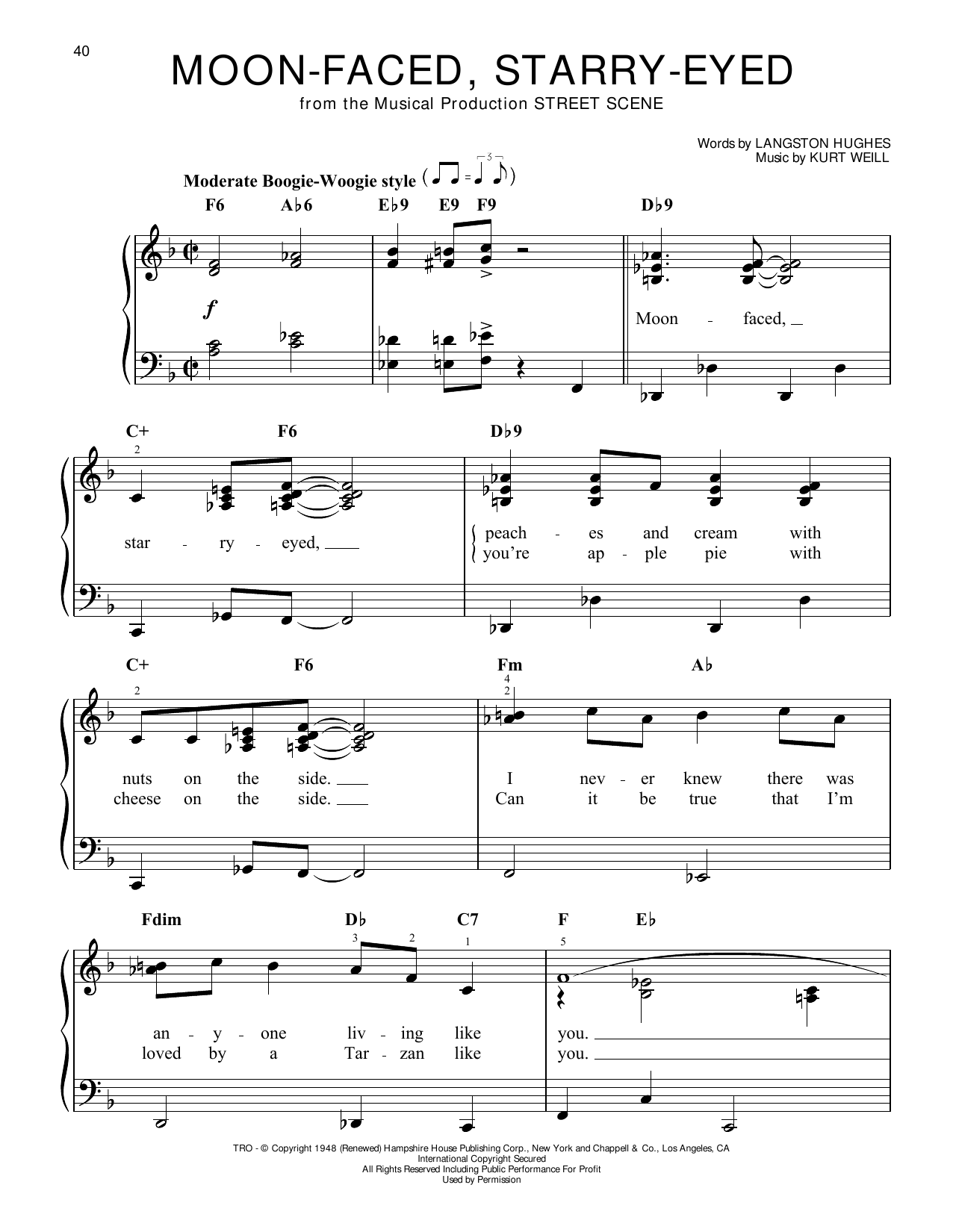 Kurt Weill Moon-Faced, Starry-Eyed (from Street Scene) Sheet Music Notes & Chords for Easy Piano - Download or Print PDF