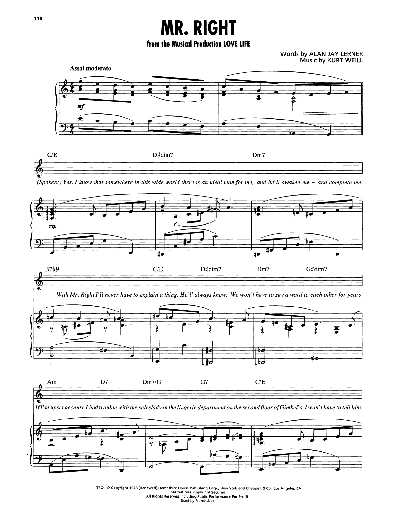 Kurt Weill Mr. Right (from Love Life) Sheet Music Notes & Chords for Piano, Vocal & Guitar Chords (Right-Hand Melody) - Download or Print PDF