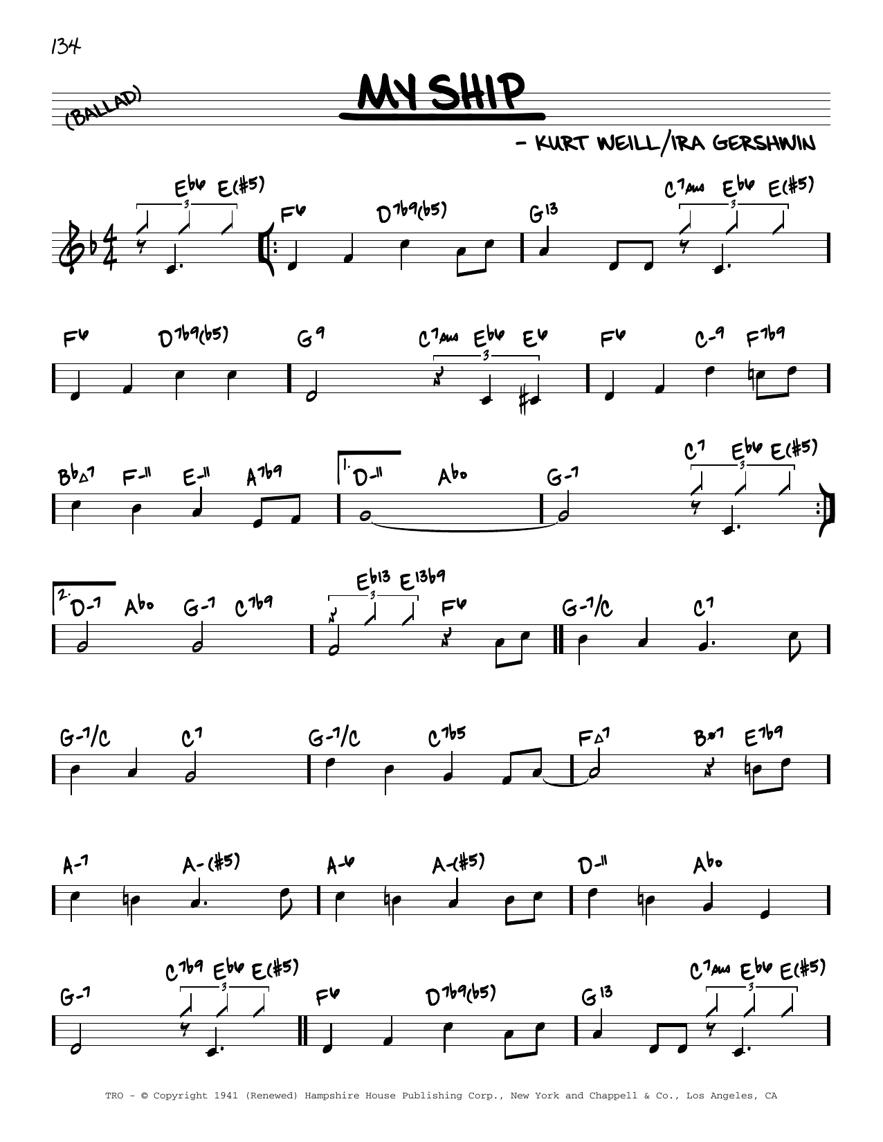 Kurt Weill My Ship (arr. David Hazeltine) Sheet Music Notes & Chords for Real Book – Enhanced Chords - Download or Print PDF