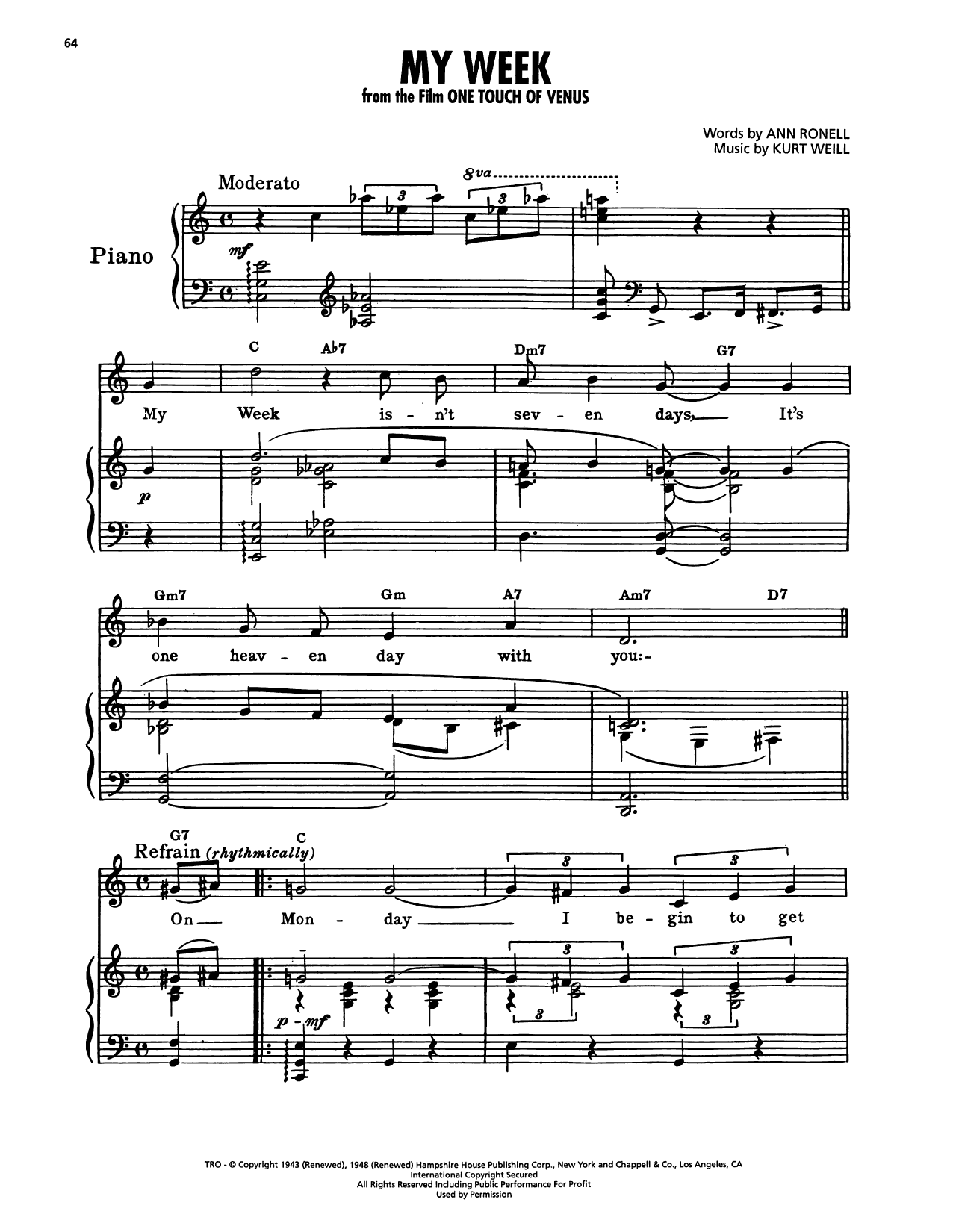 Kurt Weill My Week (from One Touch Of Venus) Sheet Music Notes & Chords for Piano, Vocal & Guitar Chords (Right-Hand Melody) - Download or Print PDF