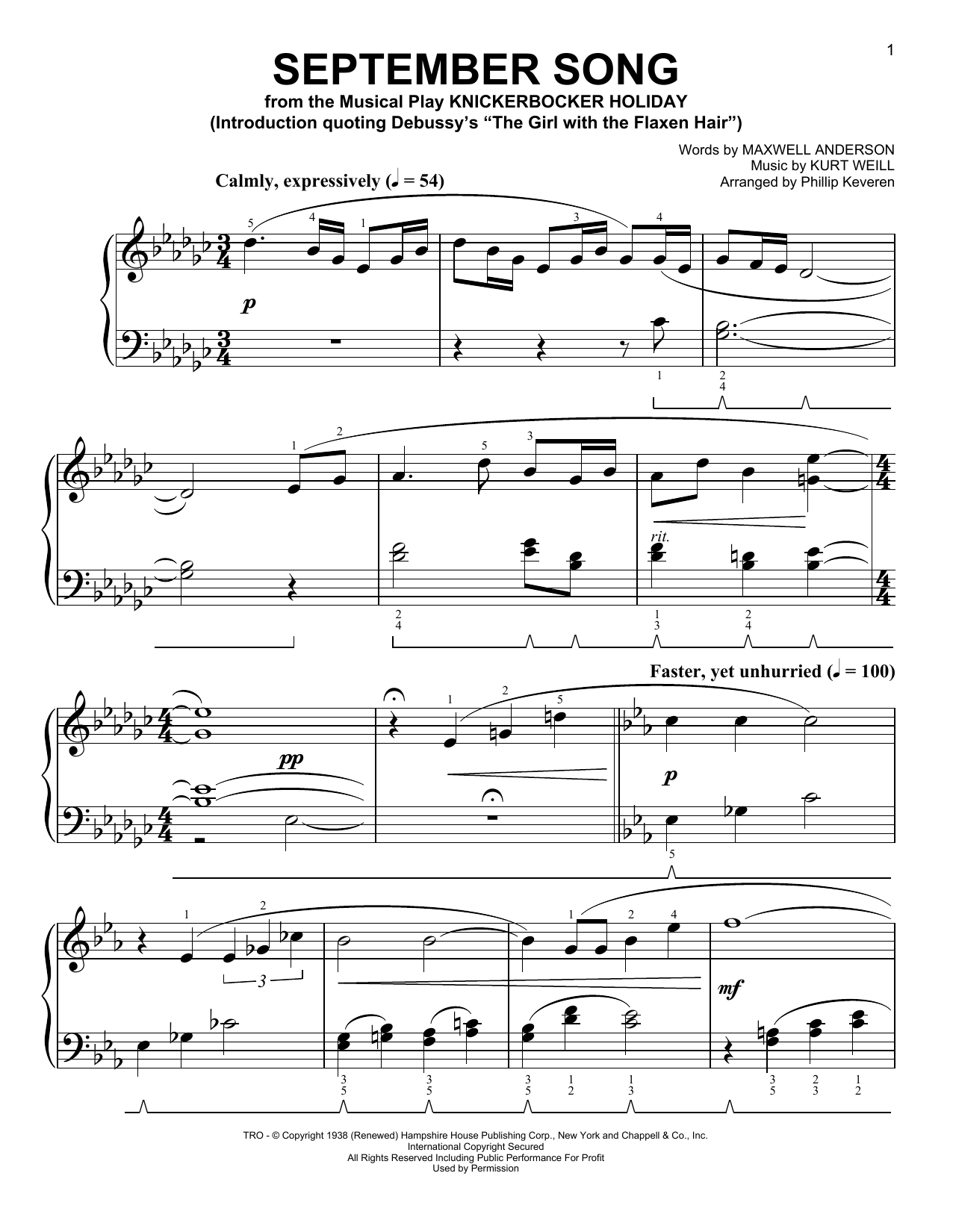 Kurt Weill September Song [Classical version] (arr. Phillip Keveren) Sheet Music Notes & Chords for Easy Piano - Download or Print PDF