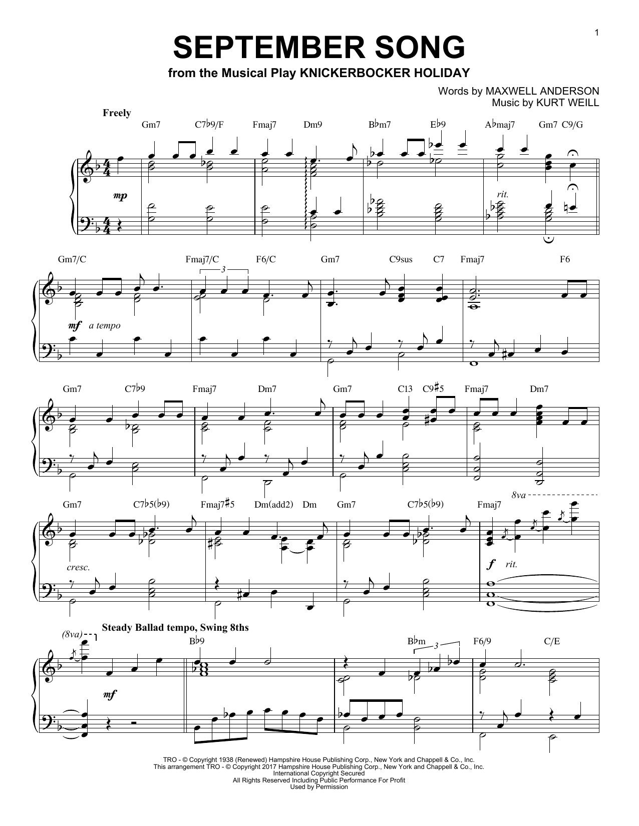 Kurt Weill September Song [Jazz version] Sheet Music Notes & Chords for Piano - Download or Print PDF