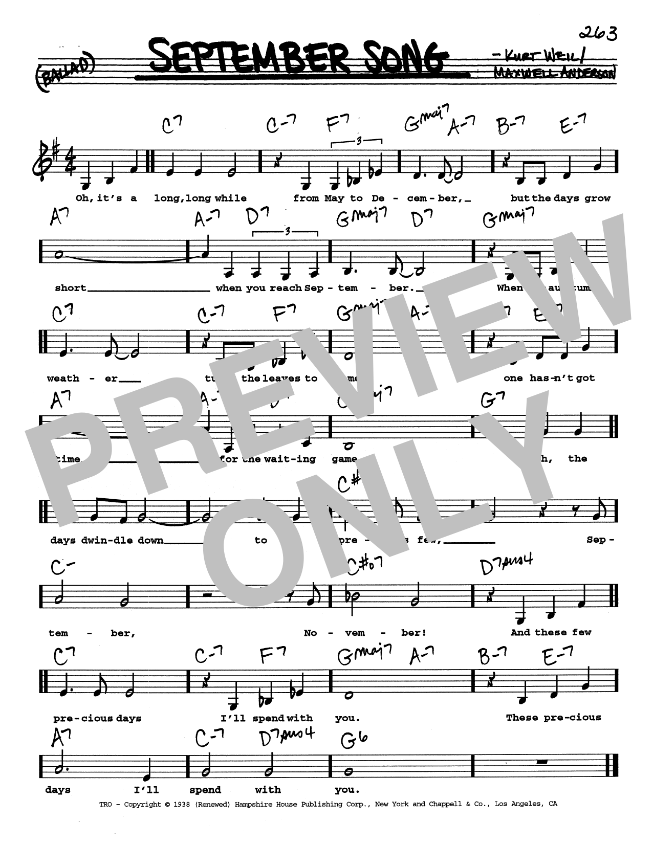 Kurt Weill September Song (Low Voice) Sheet Music Notes & Chords for Real Book – Melody, Lyrics & Chords - Download or Print PDF