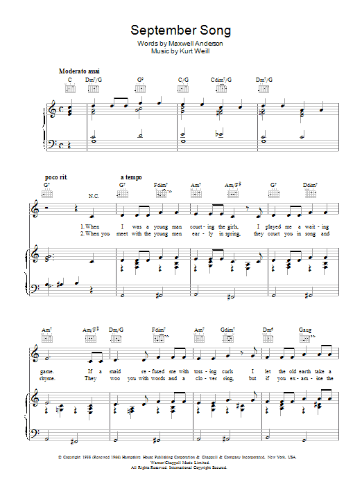 Kurt Weill September Song Sheet Music Notes & Chords for Real Book - Melody, Lyrics & Chords - C Instruments - Download or Print PDF