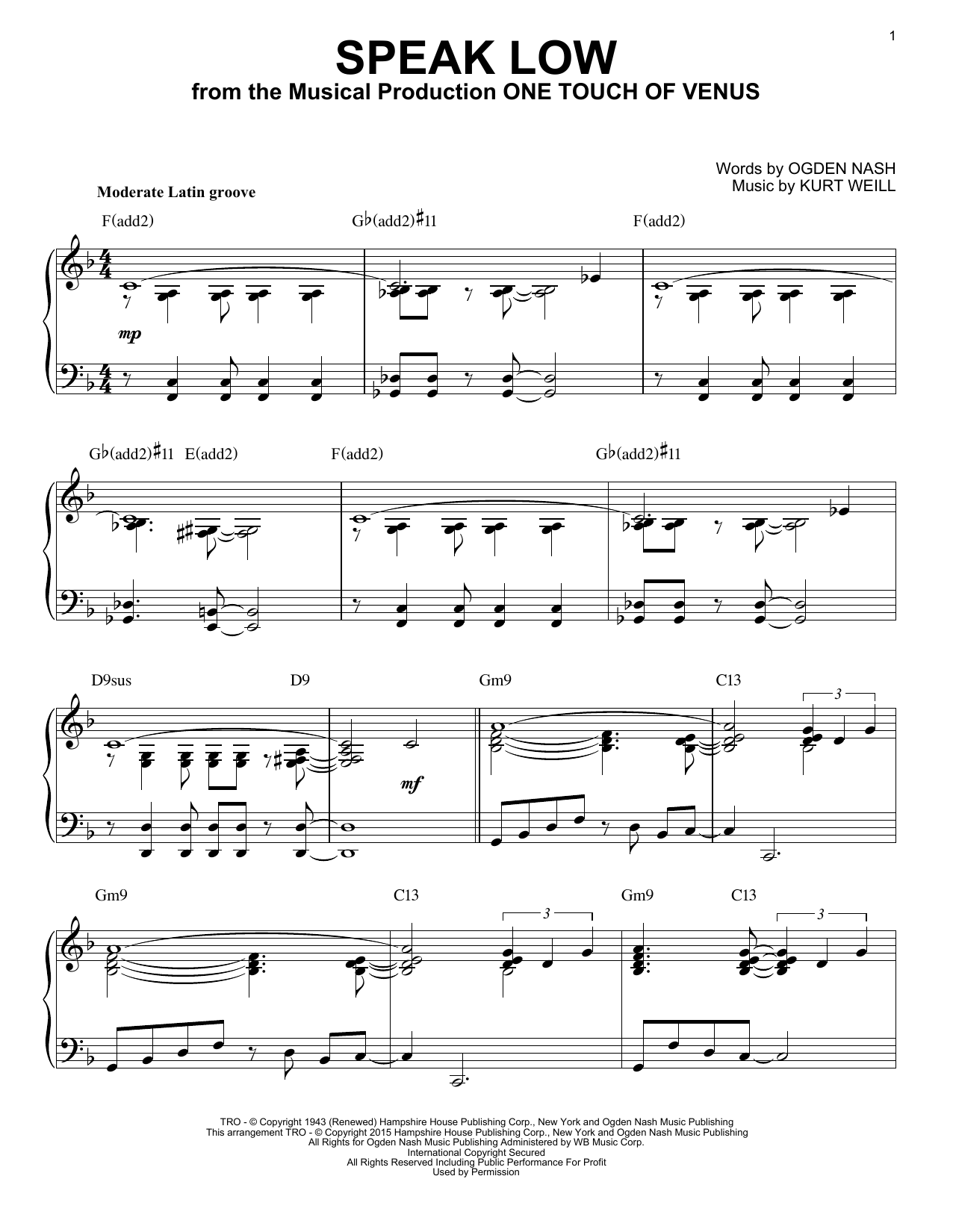 Kurt Weill Speak Low [Jazz version] (arr. Brent Edstrom) Sheet Music Notes & Chords for Piano - Download or Print PDF