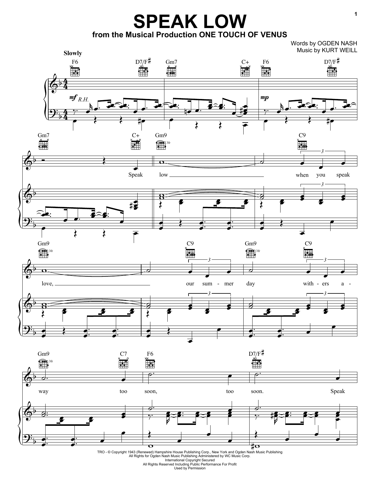 Kurt Weill Speak Low Sheet Music Notes & Chords for Piano & Vocal - Download or Print PDF