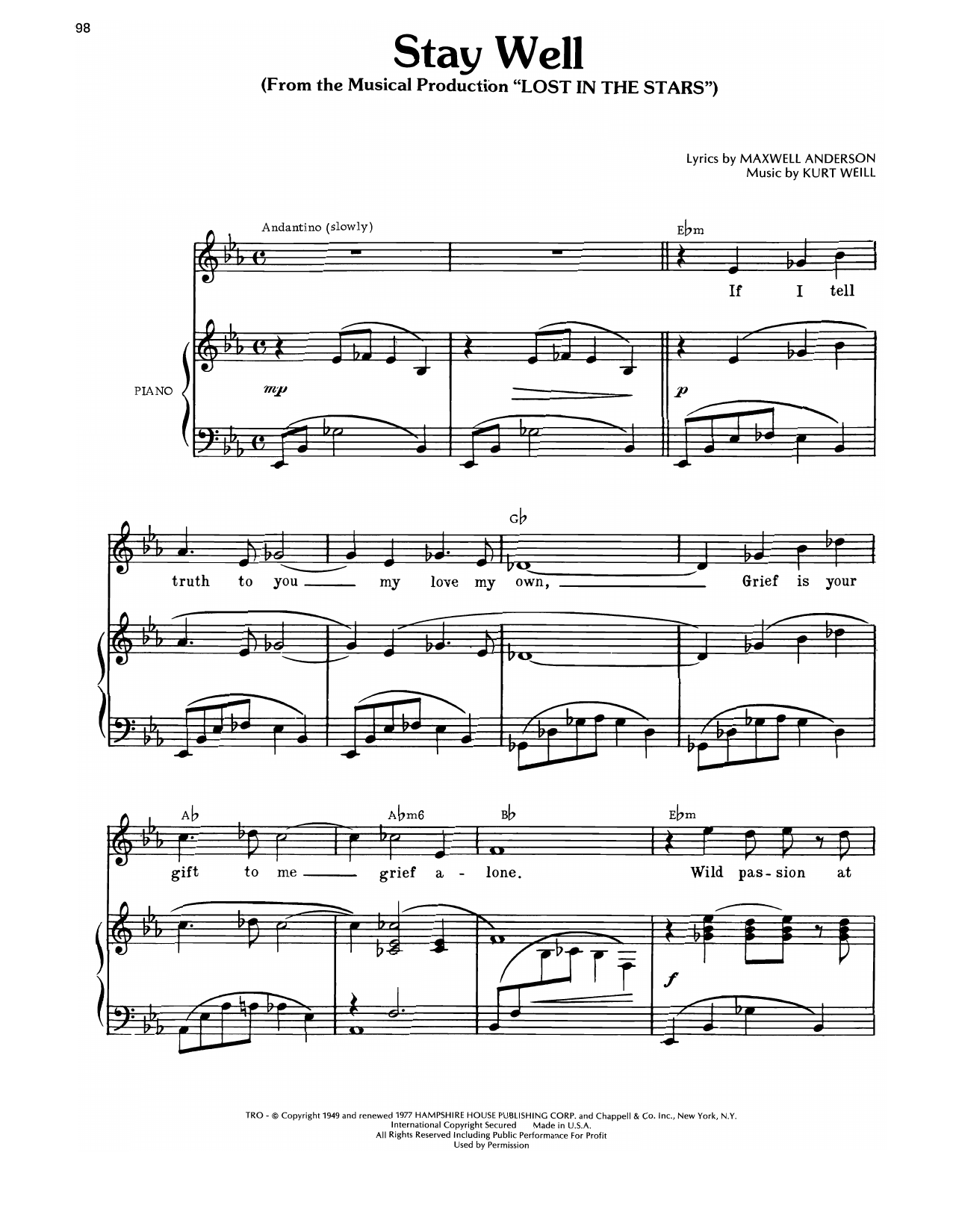 Kurt Weill Stay Well (from Lost In The Stars) Sheet Music Notes & Chords for Piano, Vocal & Guitar Chords (Right-Hand Melody) - Download or Print PDF