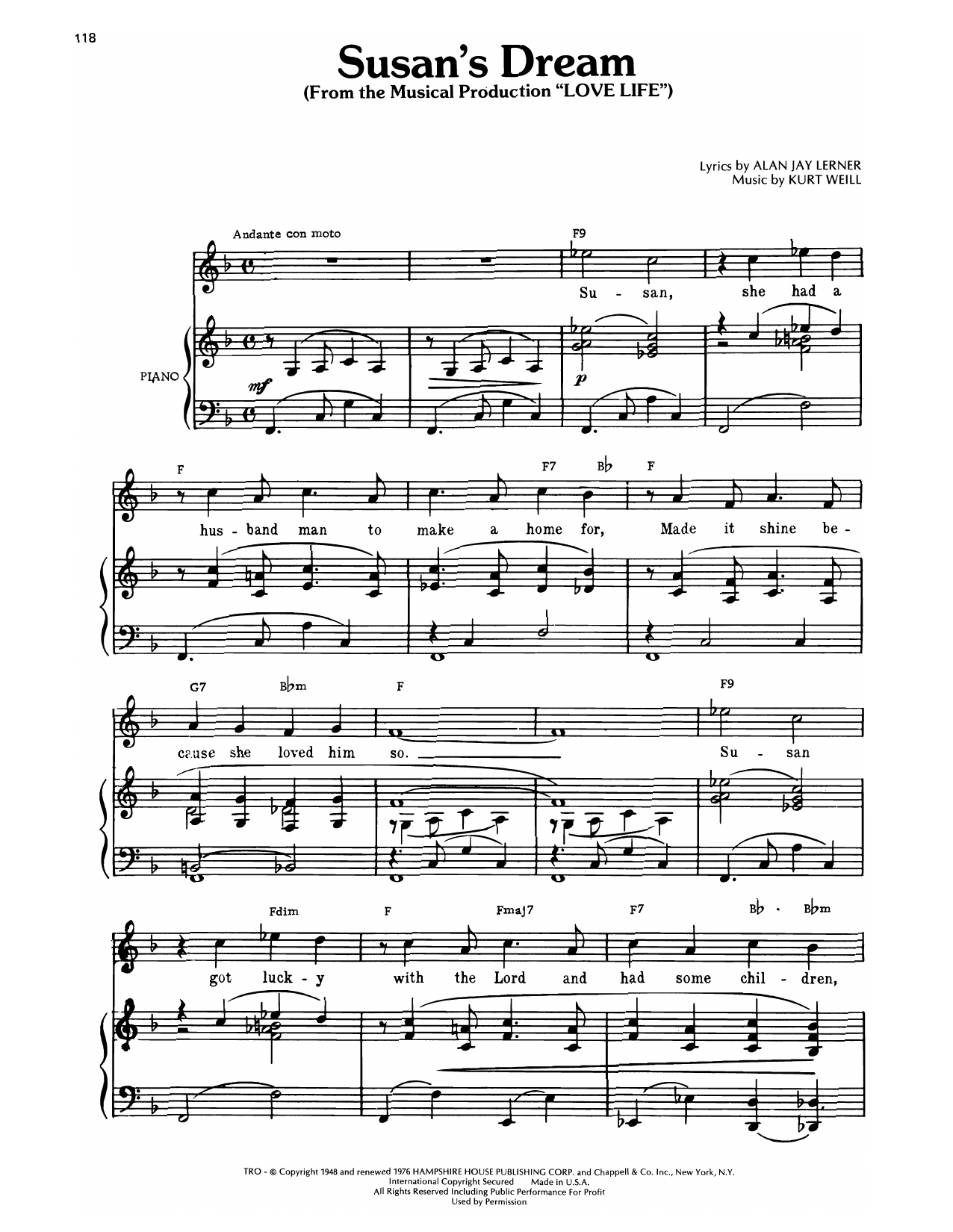 Kurt Weill Susan's Dream (from Love Life) Sheet Music Notes & Chords for Piano, Vocal & Guitar Chords (Right-Hand Melody) - Download or Print PDF