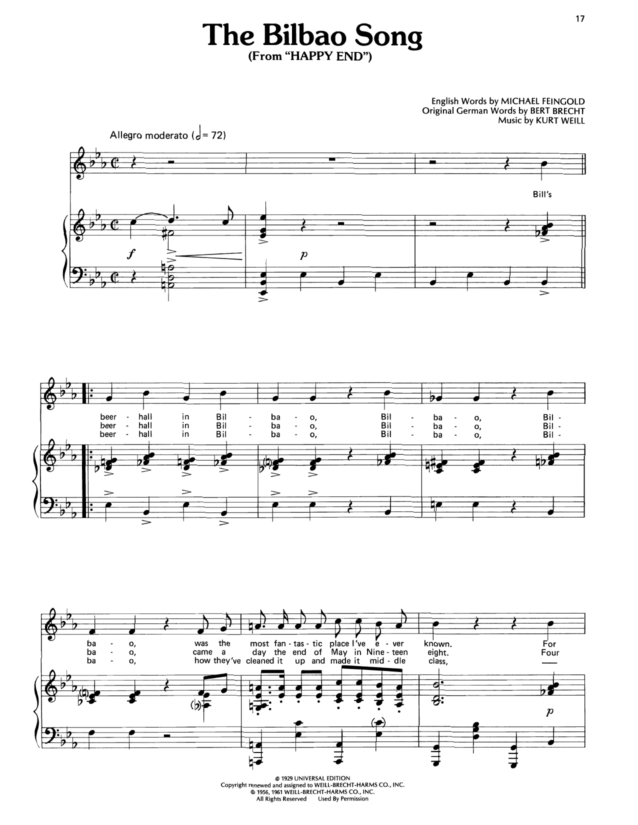 Kurt Weill The Bilbao Song (from Happy End) Sheet Music Notes & Chords for Piano, Vocal & Guitar Chords (Right-Hand Melody) - Download or Print PDF