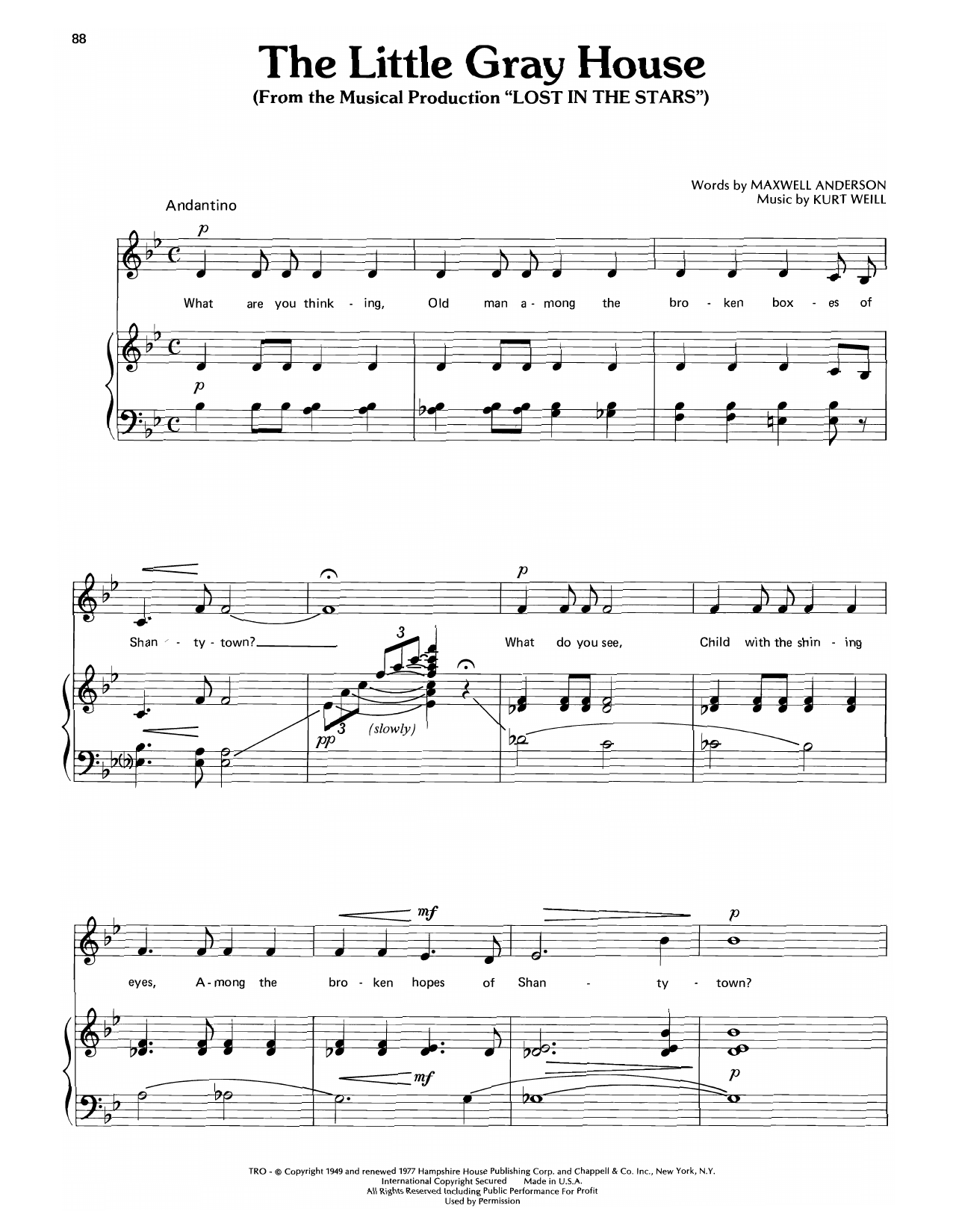 Kurt Weill The Little Gray House (from Lost In The Stars) Sheet Music Notes & Chords for Piano, Vocal & Guitar Chords (Right-Hand Melody) - Download or Print PDF
