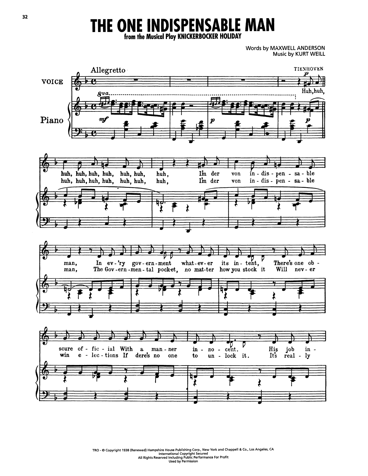 Kurt Weill The One Indispensable Man (from Knickerbocker Holiday) Sheet Music Notes & Chords for Piano, Vocal & Guitar Chords (Right-Hand Melody) - Download or Print PDF Kurt Weill The One Indispensable Man (from Knickerbocker Holiday) Sheet Music Notes & Chords for Piano, Vocal & Guitar Chords (Right-Hand Melody) - Download or Print PDF