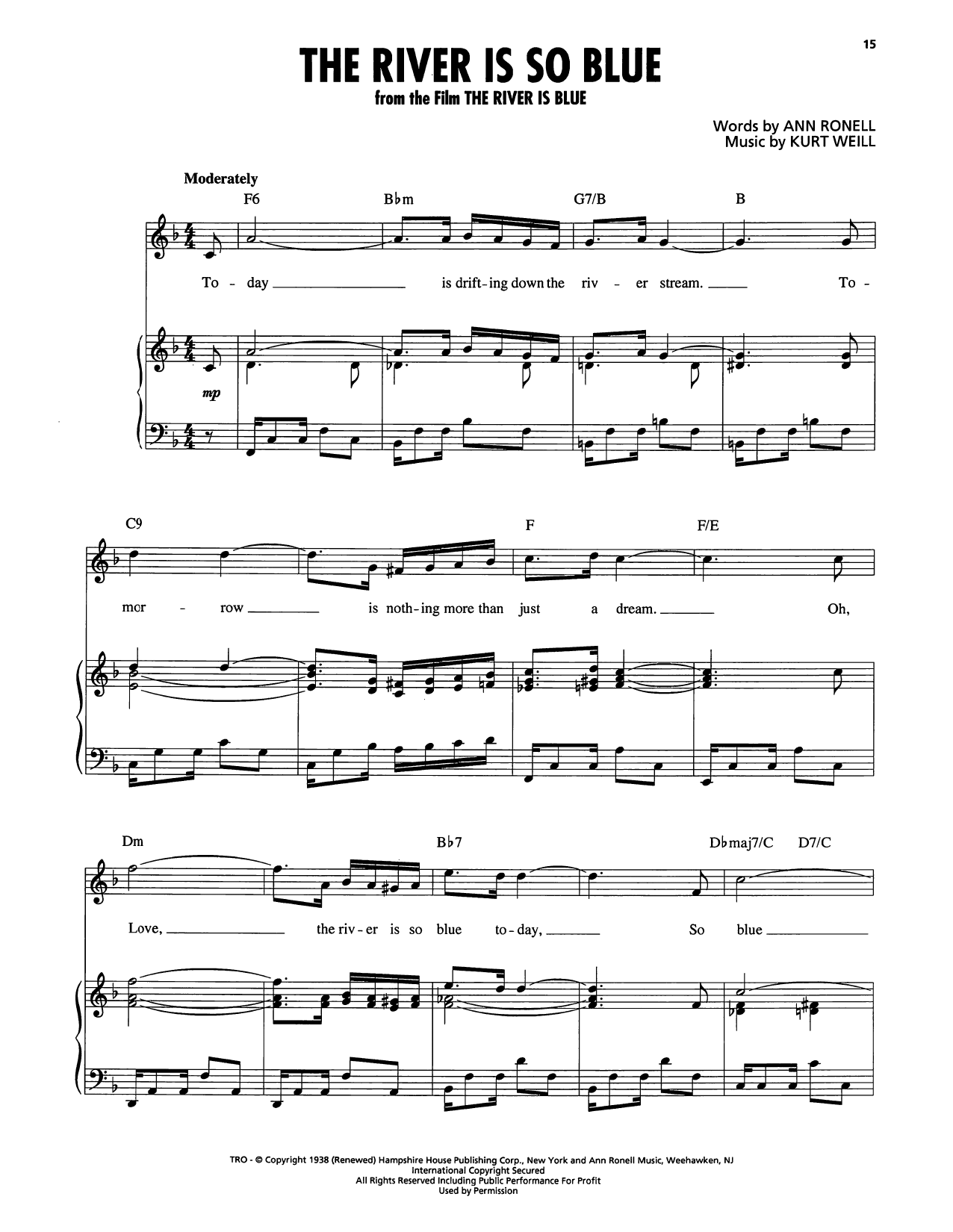 Kurt Weill The River Is So Blue Sheet Music Notes & Chords for Piano, Vocal & Guitar Chords (Right-Hand Melody) - Download or Print PDF