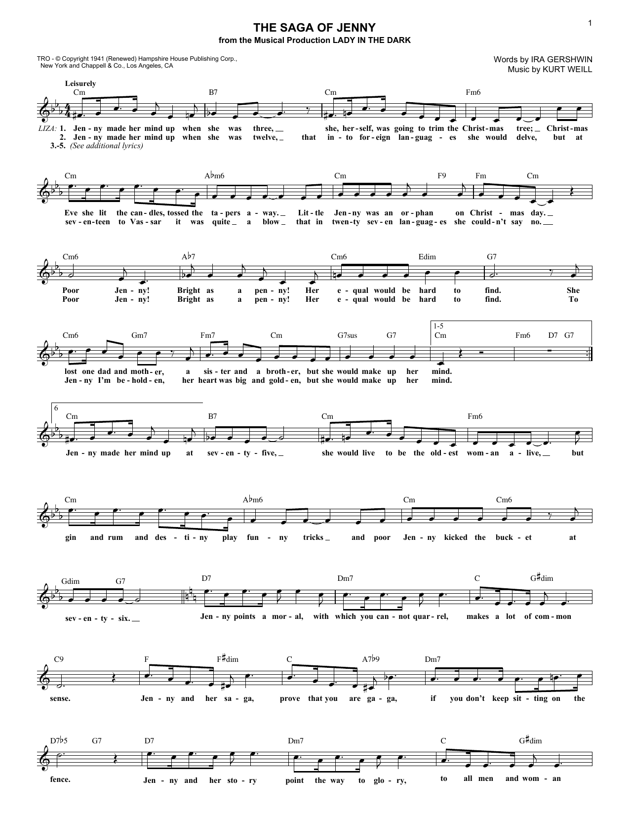 Kurt Weill The Saga Of Jenny Sheet Music Notes & Chords for Melody Line, Lyrics & Chords - Download or Print PDF