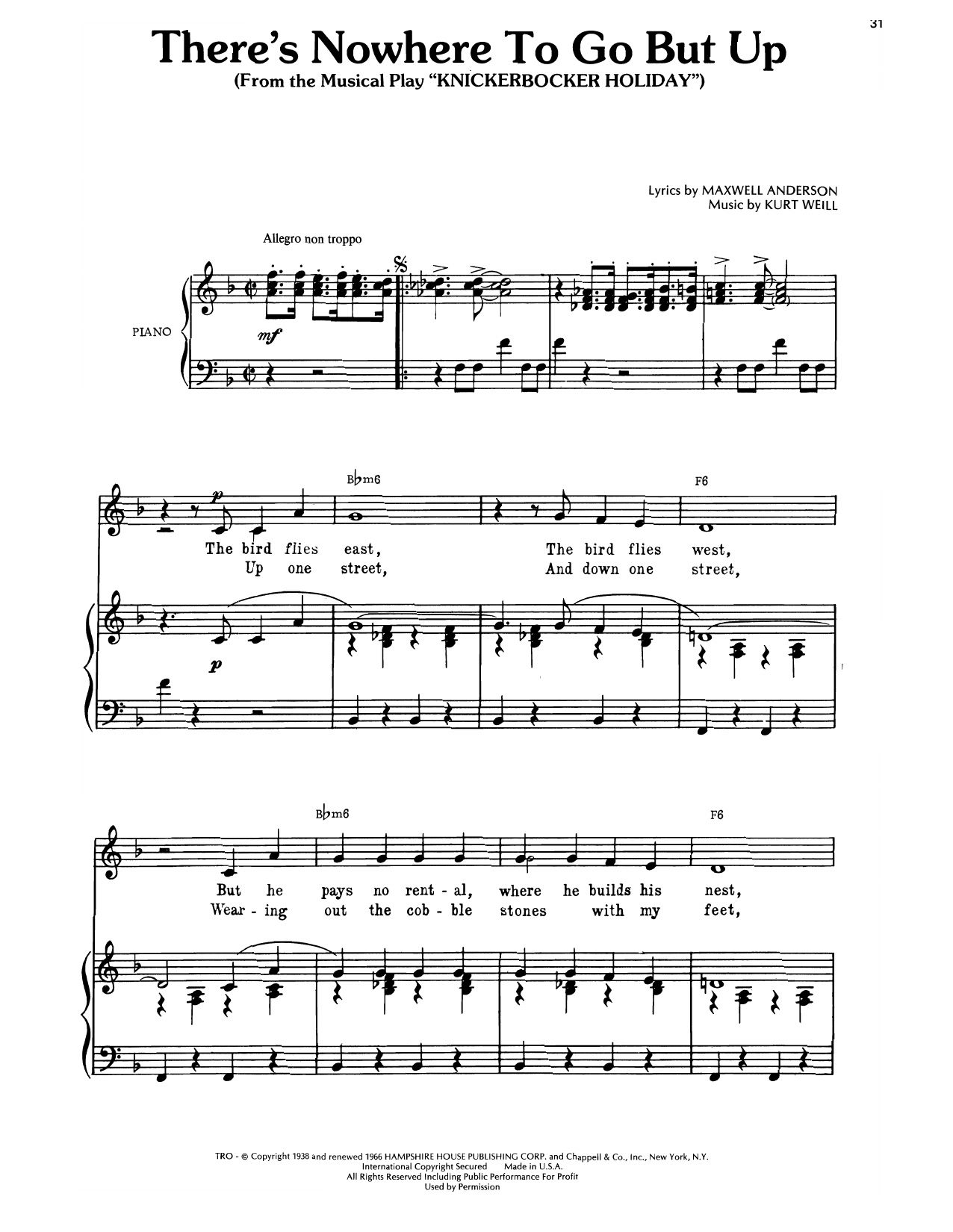 Kurt Weill There's Nowhere To Go But Up (from Knickerbocker Holiday) Sheet Music Notes & Chords for Piano, Vocal & Guitar Chords (Right-Hand Melody) - Download or Print PDF