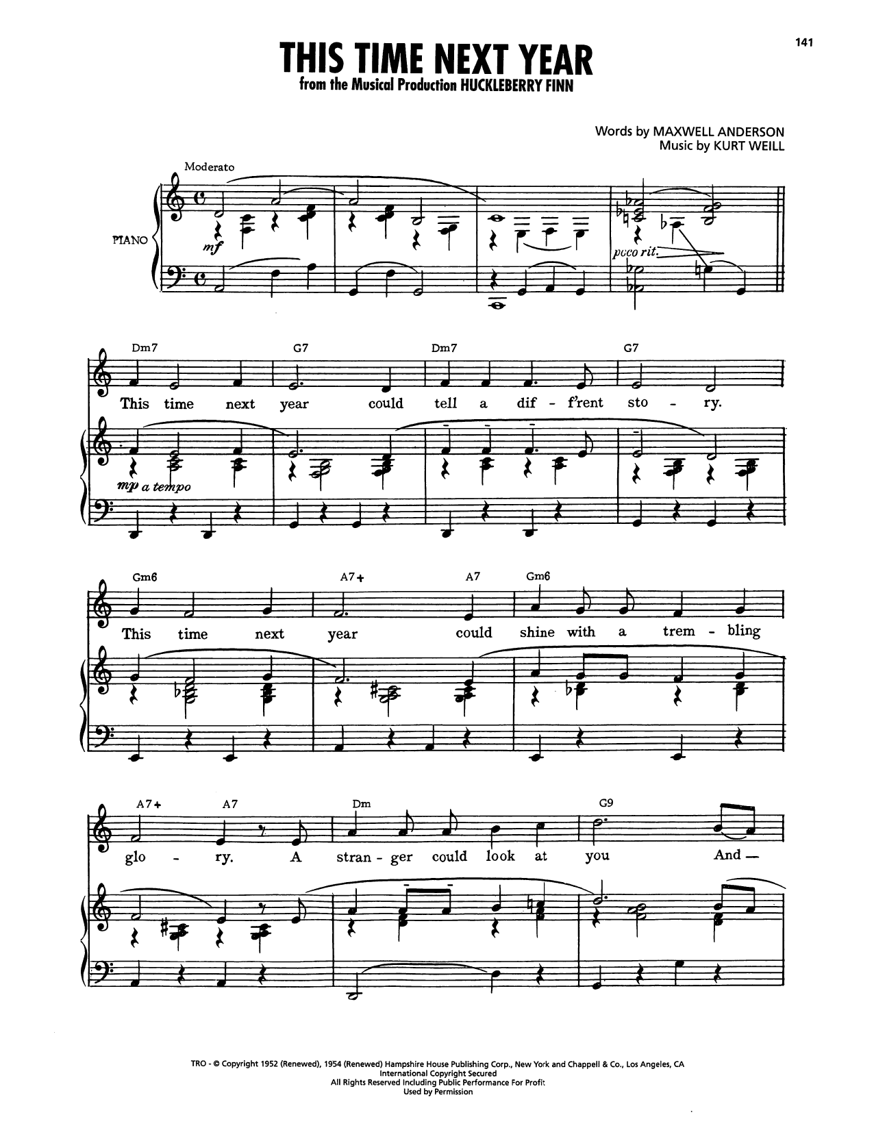 Kurt Weill This Time Next Year (from Huckleberry Finn) Sheet Music Notes & Chords for Piano, Vocal & Guitar Chords (Right-Hand Melody) - Download or Print PDF