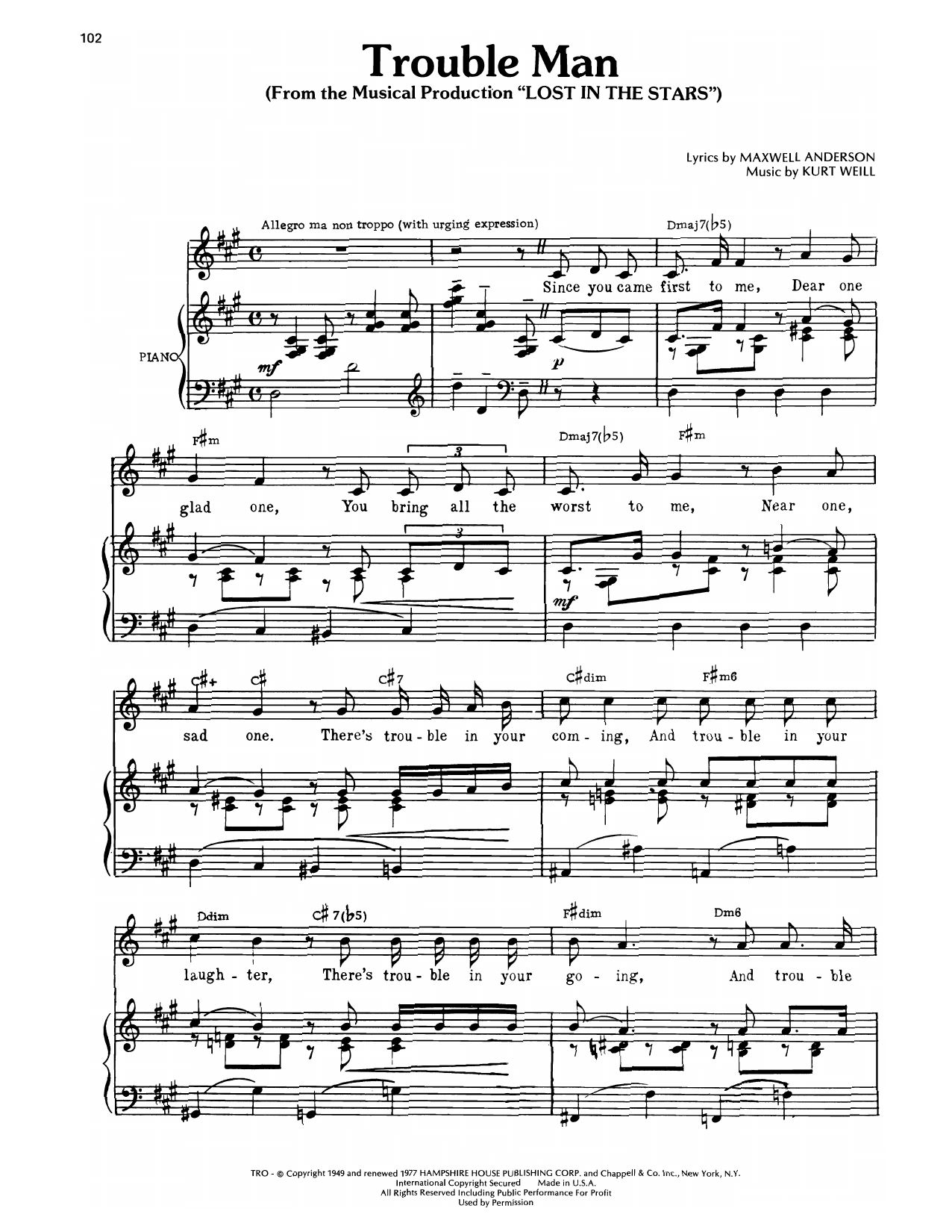 Kurt Weill Trouble Man (from Lost In The Stars) Sheet Music Notes & Chords for Piano, Vocal & Guitar Chords (Right-Hand Melody) - Download or Print PDF