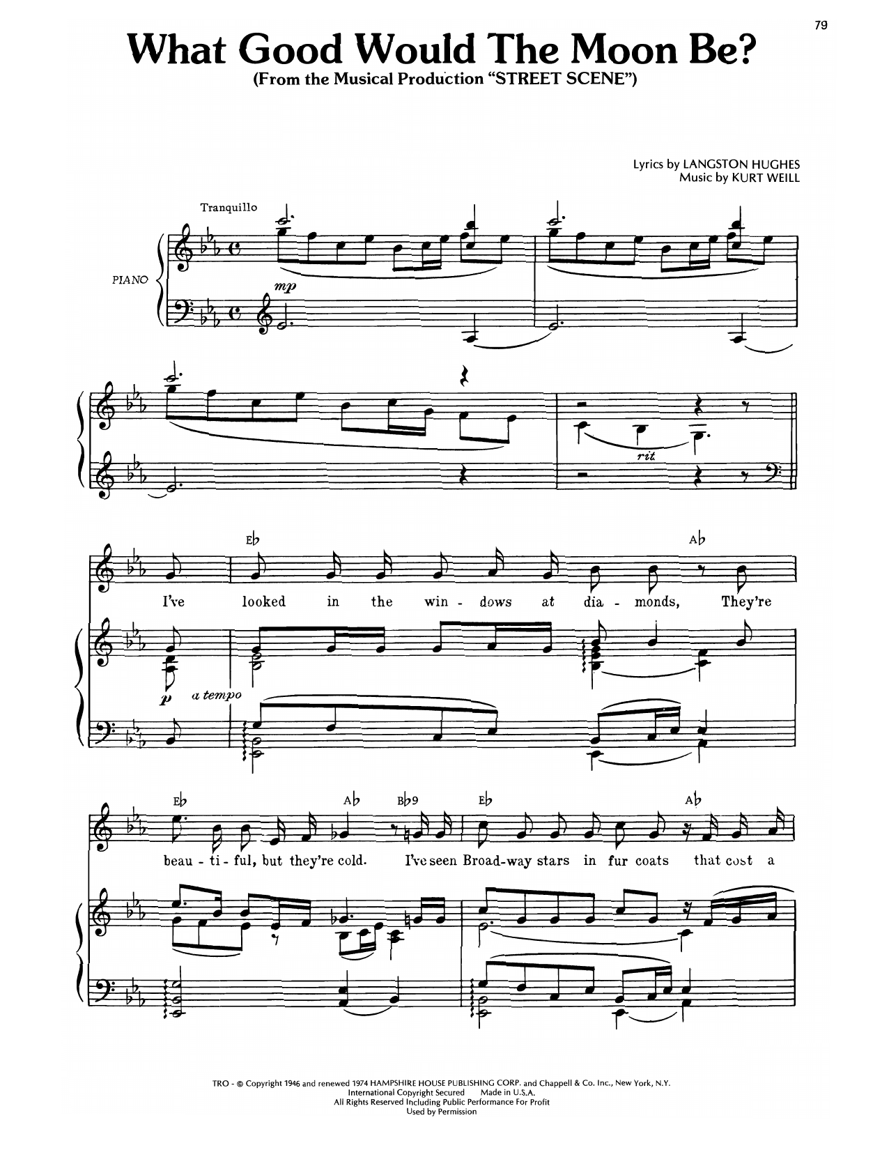 Kurt Weill What Good Would The Moon Be? (from Street Scene) Sheet Music Notes & Chords for Piano, Vocal & Guitar Chords (Right-Hand Melody) - Download or Print PDF