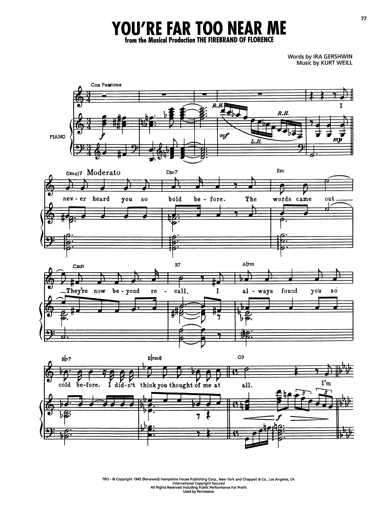 Kurt Weill You're Far Too Near Me (from The Firebrand Of Florence) Sheet Music Notes & Chords for Piano, Vocal & Guitar Chords (Right-Hand Melody) - Download or Print PDF Kurt Weill You're Far Too Near Me (from The Firebrand Of Florence) Sheet Music Notes & Chords for Piano, Vocal & Guitar Chords (Right-Hand Melody) - Download or Print PDF