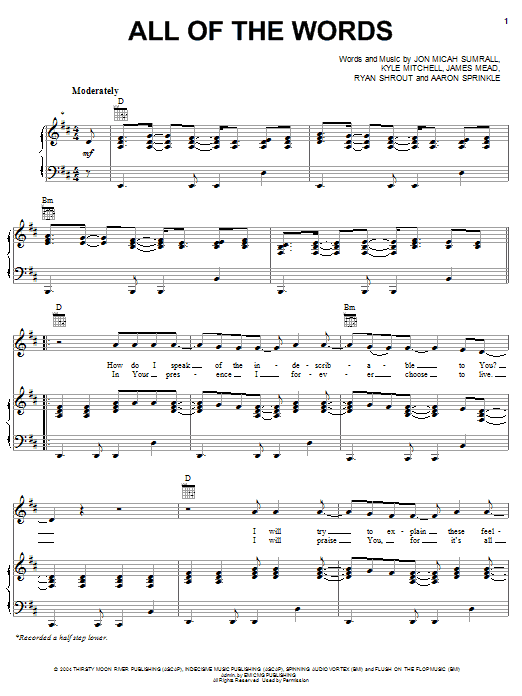 Kutless All Of The Words Sheet Music Notes & Chords for Piano, Vocal & Guitar (Right-Hand Melody) - Download or Print PDF