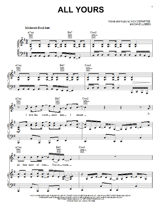 Kutless All Yours Sheet Music Notes & Chords for Piano, Vocal & Guitar (Right-Hand Melody) - Download or Print PDF
