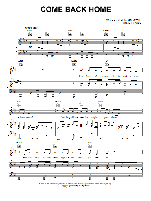 Kutless Come Back Home Sheet Music Notes & Chords for Piano, Vocal & Guitar (Right-Hand Melody) - Download or Print PDF