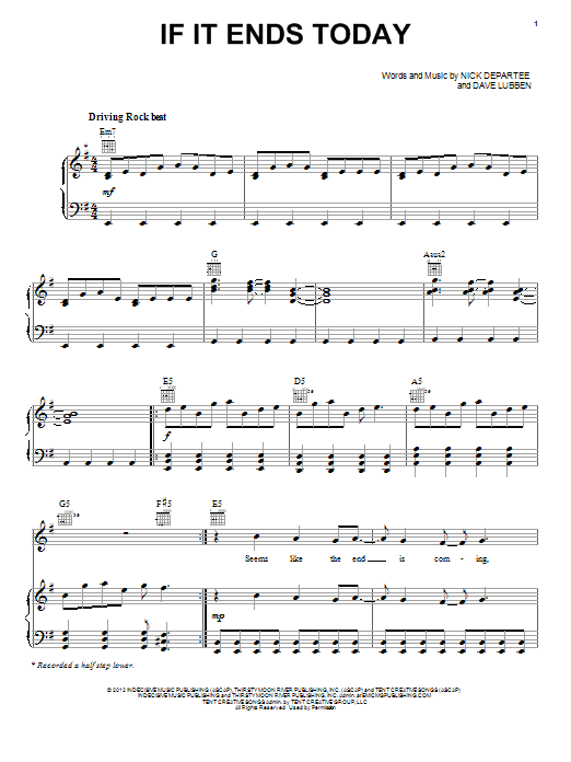 Kutless If It Ends Today Sheet Music Notes & Chords for Piano, Vocal & Guitar (Right-Hand Melody) - Download or Print PDF