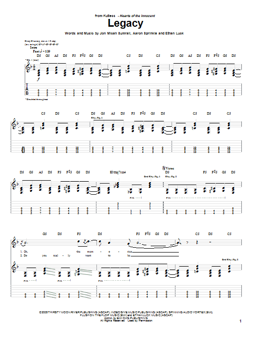 Kutless Legacy Sheet Music Notes & Chords for Guitar Tab - Download or Print PDF