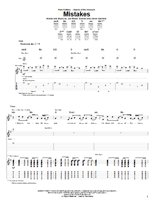 Kutless Mistakes Sheet Music Notes & Chords for Guitar Tab - Download or Print PDF