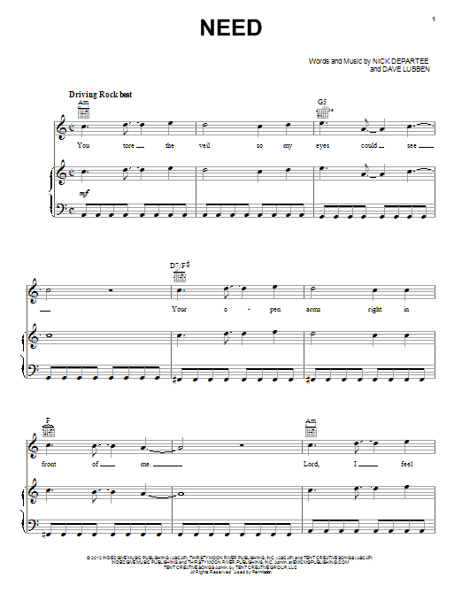 Kutless Need Sheet Music Notes & Chords for Piano, Vocal & Guitar (Right-Hand Melody) - Download or Print PDF