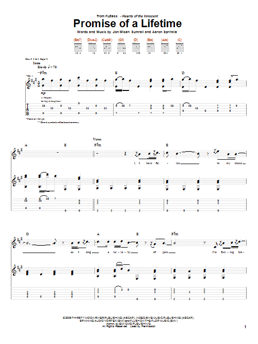 Kutless Promise Of A Lifetime Sheet Music Notes & Chords for Guitar Tab - Download or Print PDF