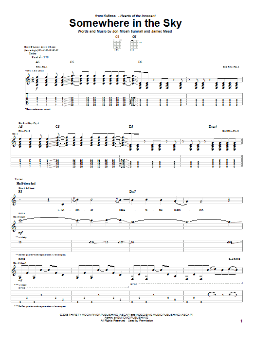 Kutless Somewhere In The Sky Sheet Music Notes & Chords for Guitar Tab - Download or Print PDF