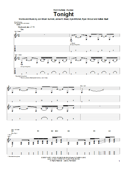 Kutless Tonight Sheet Music Notes & Chords for Guitar Tab - Download or Print PDF