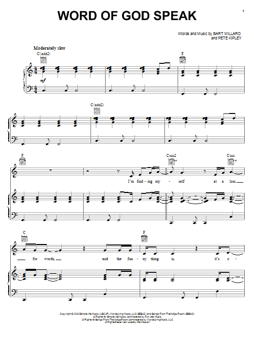 Kutless Word Of God Speak Sheet Music Notes & Chords for Piano, Vocal & Guitar (Right-Hand Melody) - Download or Print PDF