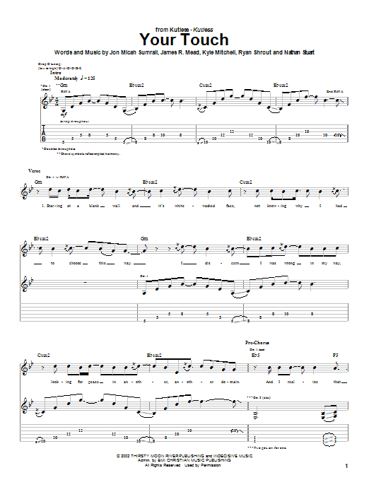 Kutless Your Touch Sheet Music Notes & Chords for Guitar Tab - Download or Print PDF