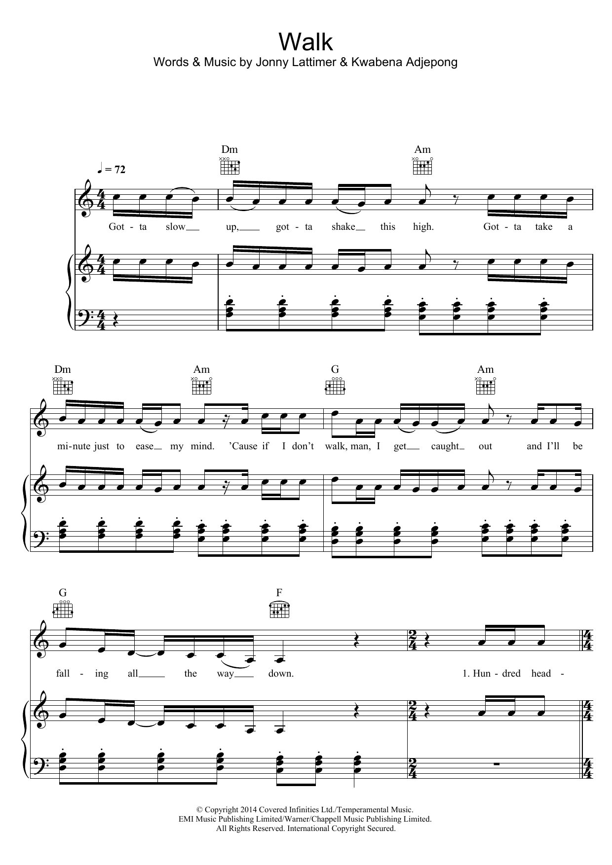 Kwabs Walk Sheet Music Notes & Chords for Piano, Vocal & Guitar (Right-Hand Melody) - Download or Print PDF