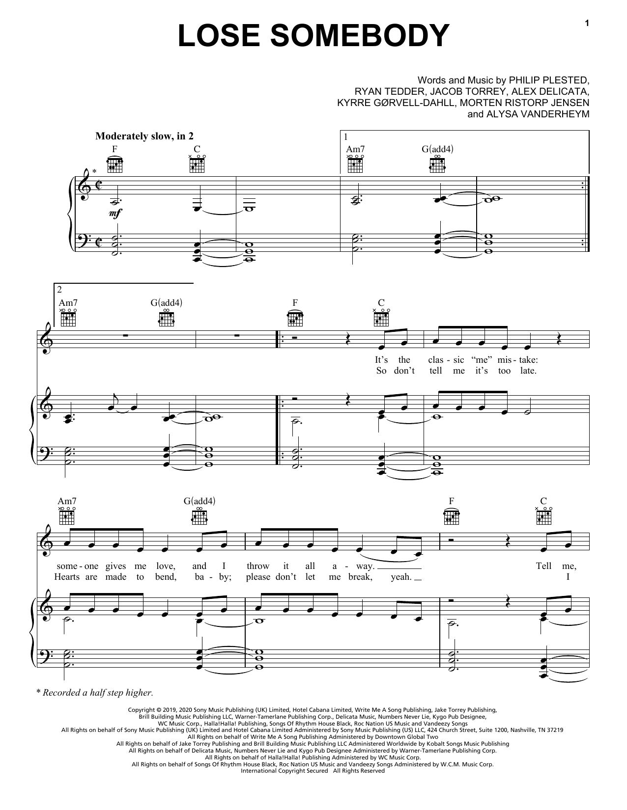 Kygo & OneRepublic Lose Somebody Sheet Music Notes & Chords for Piano, Vocal & Guitar (Right-Hand Melody) - Download or Print PDF