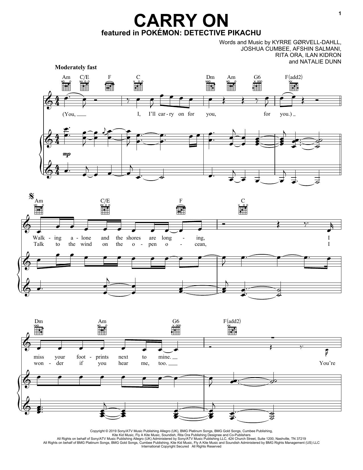 Kygo & Rita Ora Carry On (from Pokémon Detective Pikachu) Sheet Music Notes & Chords for Piano, Vocal & Guitar (Right-Hand Melody) - Download or Print PDF
