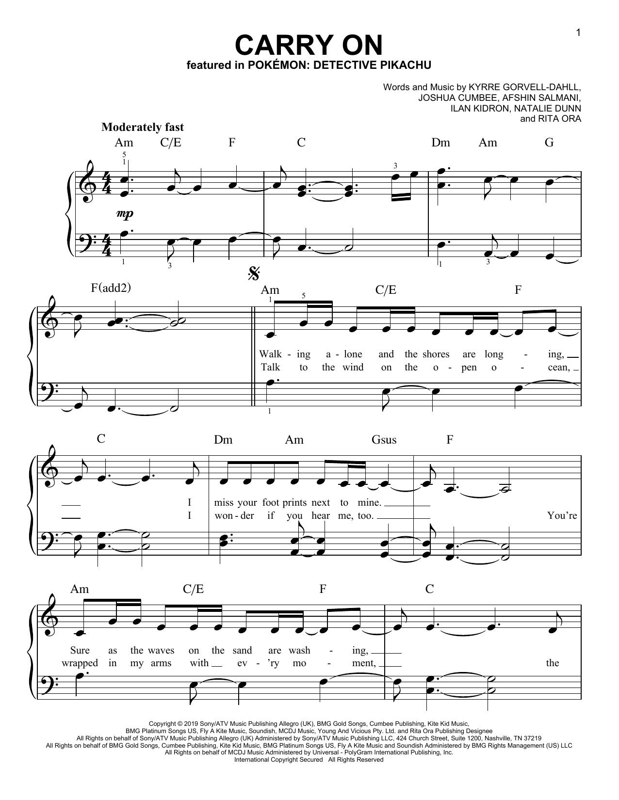 Kygo & Rita Ora Carry On (from Pokémon: Detective Pikachu) Sheet Music Notes & Chords for Easy Piano - Download or Print PDF Kygo & Rita Ora Carry On (from Pokémon: Detective Pikachu) Sheet Music Notes & Chords for Easy Piano - Download or Print PDF