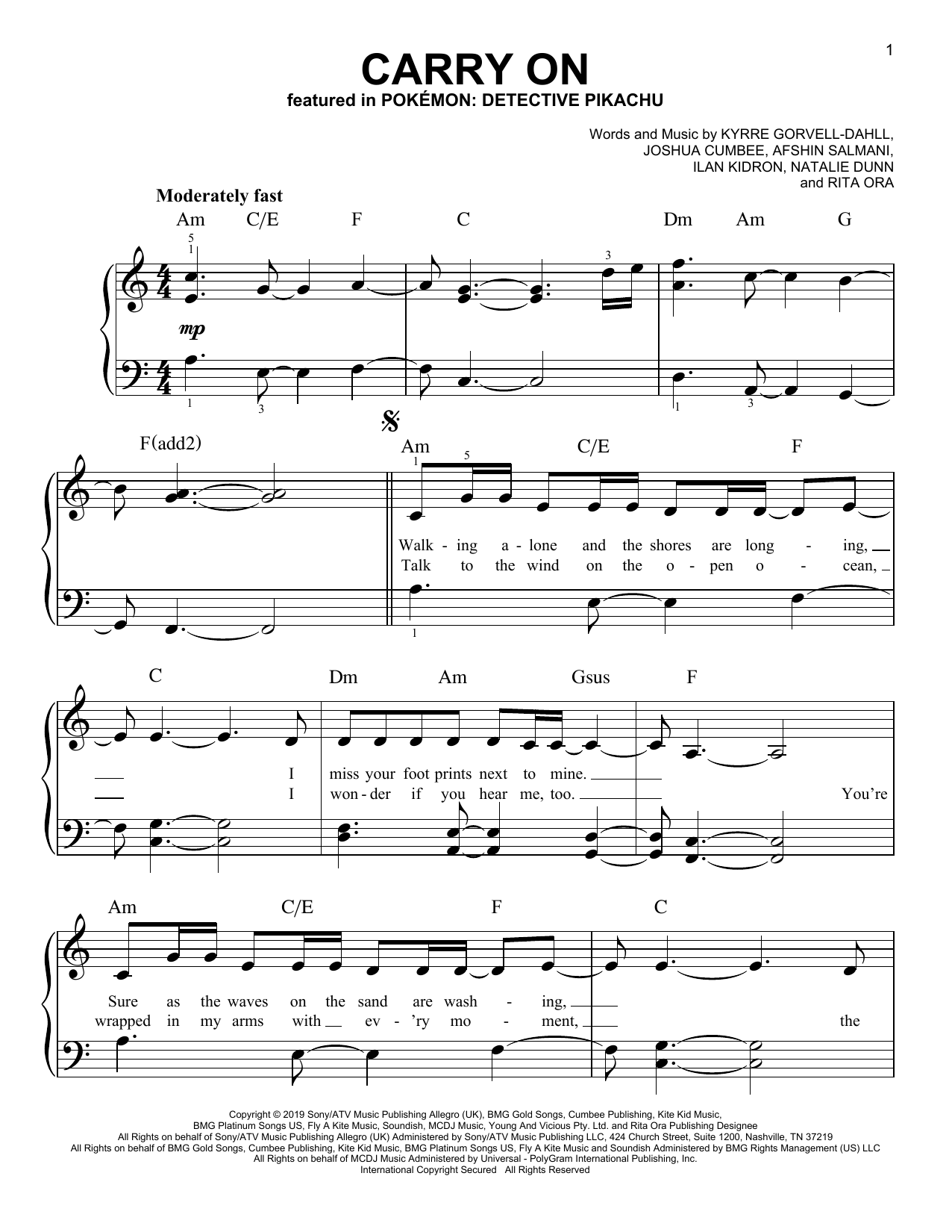 Kygo & Rita Ora Carry On (from Pokémon: Detective Pikachu) Sheet Music Notes & Chords for Easy Piano - Download or Print PDF
