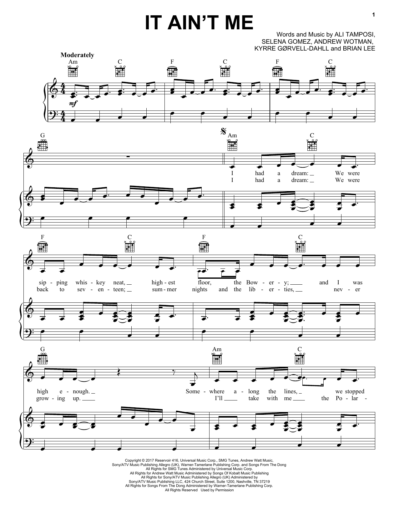 Kygo and Selena Gomez It Ain't Me Sheet Music Notes & Chords for Piano, Vocal & Guitar (Right-Hand Melody) - Download or Print PDF
