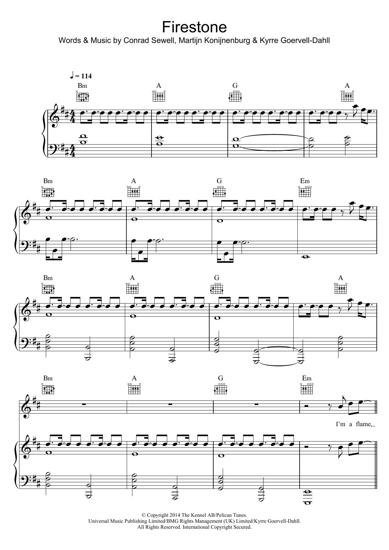 Kygo Firestone Sheet Music Notes & Chords for Piano, Vocal & Guitar (Right-Hand Melody) - Download or Print PDF