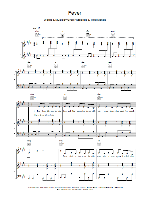 Kylie Minogue Fever Sheet Music Notes & Chords for Piano, Vocal & Guitar (Right-Hand Melody) - Download or Print PDF